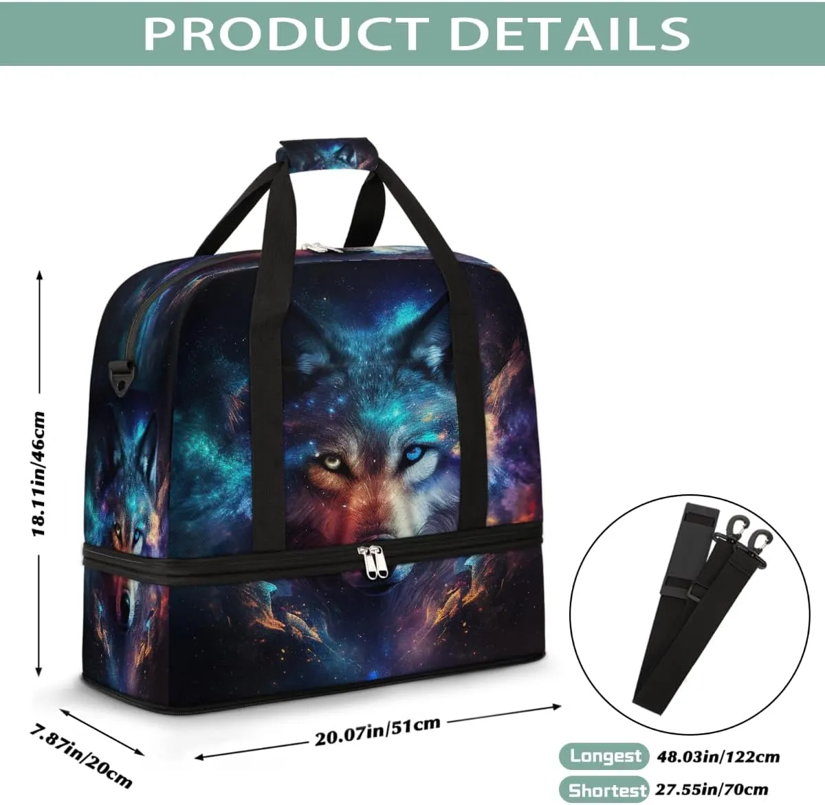 Sports Gym Bag Animal Wolf Large Travel Duffel Bag With Shoe Compartment Foldable Waterproof Carry-On Weekend Travel Bags for Camping Overnight Yoga Hospital Travel Bags