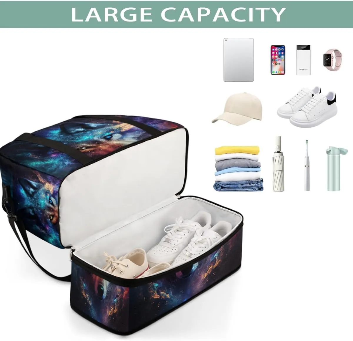 Sports Gym Bag Animal Wolf Large Travel Duffel Bag With Shoe Compartment Foldable Waterproof Carry-On Weekend Travel Bags for Camping Overnight Yoga Hospital Travel Bags
