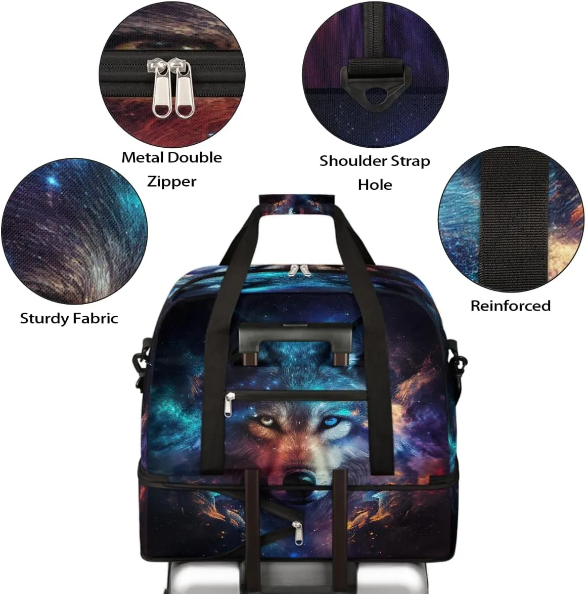 Sports Gym Bag Animal Wolf Large Travel Duffel Bag With Shoe Compartment Foldable Waterproof Carry-On Weekend Travel Bags for Camping Overnight Yoga Hospital Travel Bags