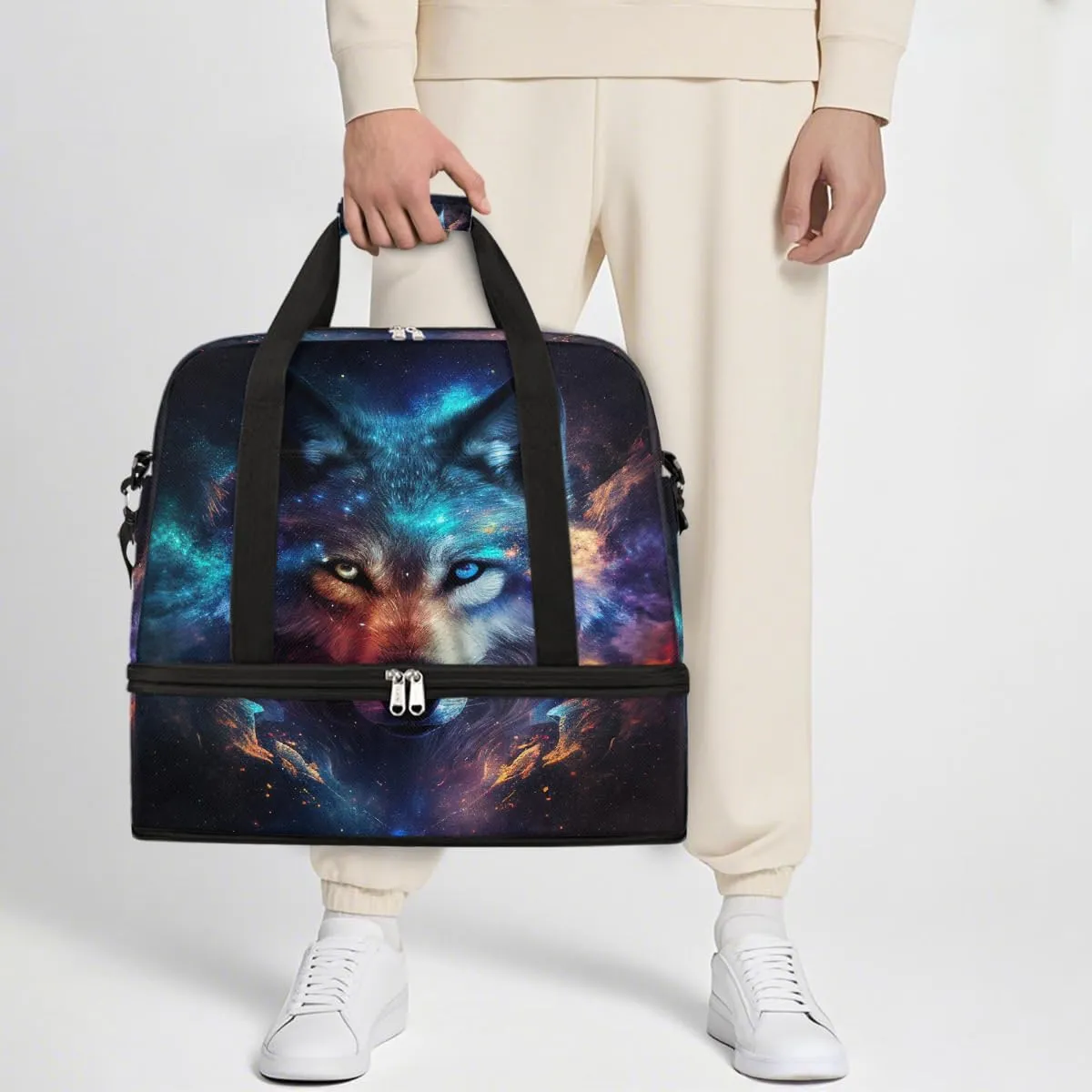 Sports Gym Bag Animal Wolf Large Travel Duffel Bag With Shoe Compartment Foldable Waterproof Carry-On Weekend Travel Bags for Camping Overnight Yoga Hospital Travel Bags