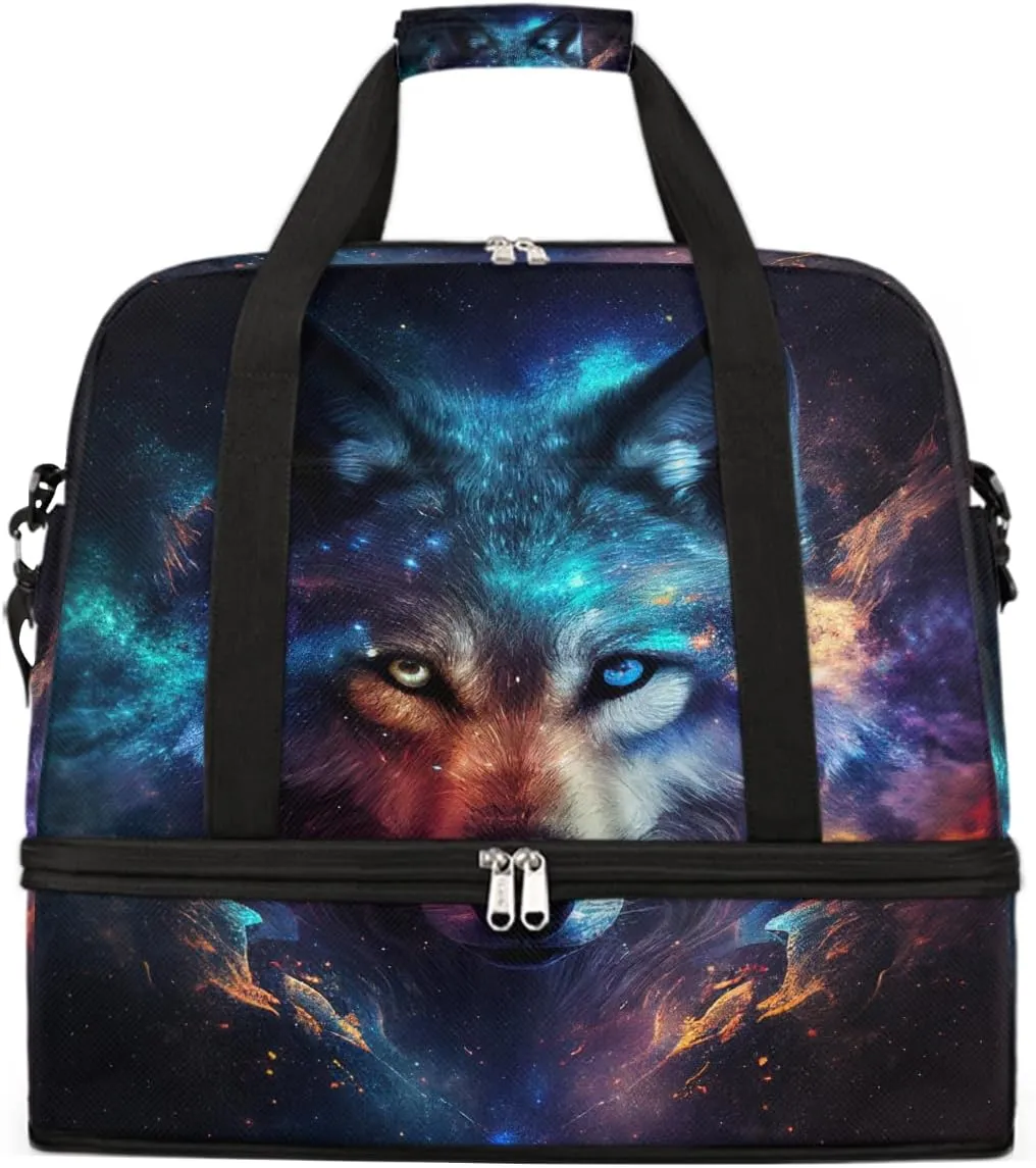 Sports Gym Bag Animal Wolf Large Travel Duffel Bag With Shoe Compartment Foldable Waterproof Carry-On Weekend Travel Bags for Camping Overnight Yoga Hospital Travel Bags