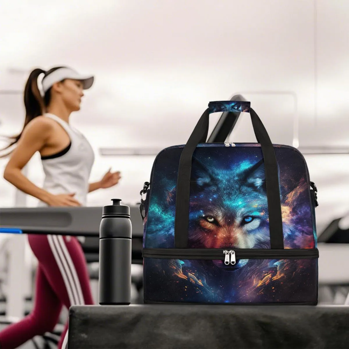 Sports Gym Bag Animal Wolf Large Travel Duffel Bag With Shoe Compartment Foldable Waterproof Carry-On Weekend Travel Bags for Camping Overnight Yoga Hospital Travel Bags
