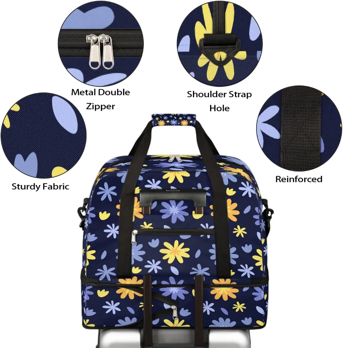 Sports Gym Bag Background Flower Blue Large Travel Duffel Bag With Shoe Compartment Foldable Waterproof Carry-On Weekend Travel Bags for Camping Overnight Yoga Hospital Travel Bags
