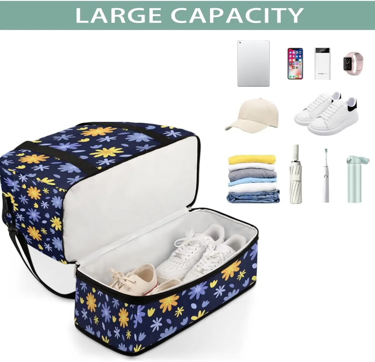 Sports Gym Bag Background Flower Blue Large Travel Duffel Bag With Shoe Compartment Foldable Waterproof Carry-On Weekend Travel Bags for Camping Overnight Yoga Hospital Travel Bags