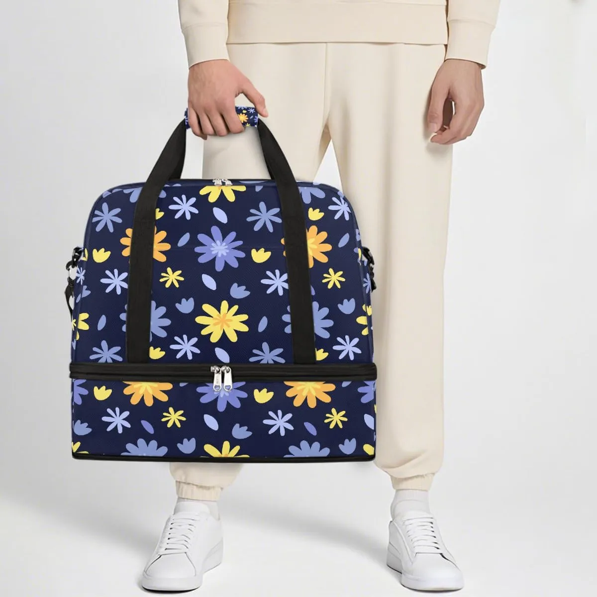 Sports Gym Bag Background Flower Blue Large Travel Duffel Bag With Shoe Compartment Foldable Waterproof Carry-On Weekend Travel Bags for Camping Overnight Yoga Hospital Travel Bags