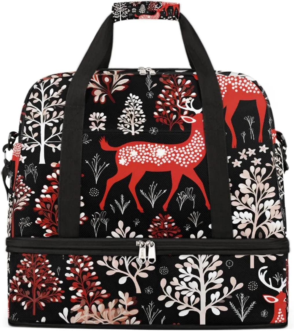 Sports Gym Bag Elk Christmas Tree Large Travel Duffel Bag With Shoe Compartment Foldable Waterproof Carry-On Weekend Travel Bags for Camping Overnight Yoga Hospital Travel Bags