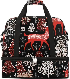 Sports Gym Bag Elk Christmas Tree Large Travel Duffel Bag With Shoe Compartment Foldable Waterproof Carry-On Weekend Travel Bags for Camping Overnight Yoga Hospital Travel Bags