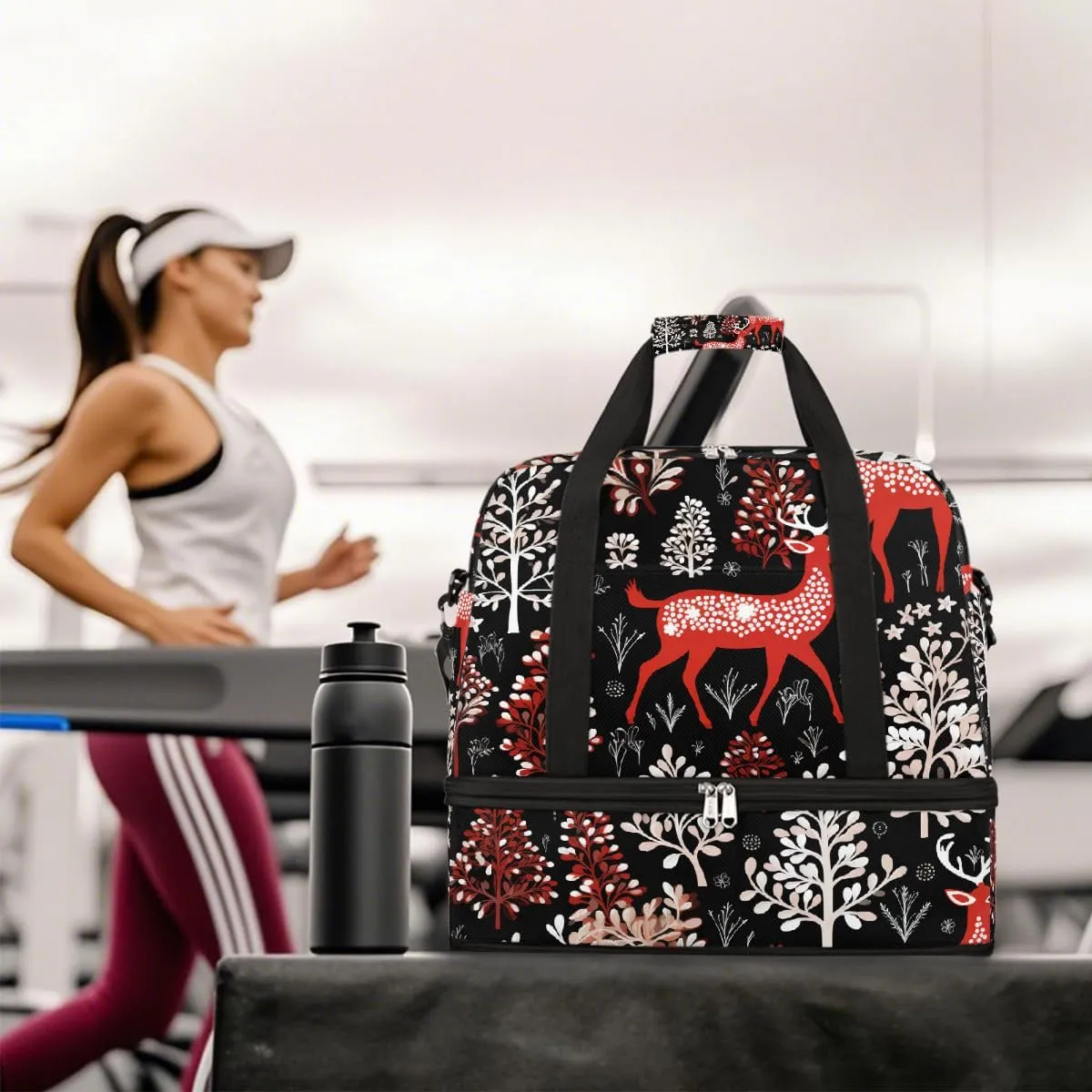 Sports Gym Bag Elk Christmas Tree Large Travel Duffel Bag With Shoe Compartment Foldable Waterproof Carry-On Weekend Travel Bags for Camping Overnight Yoga Hospital Travel Bags