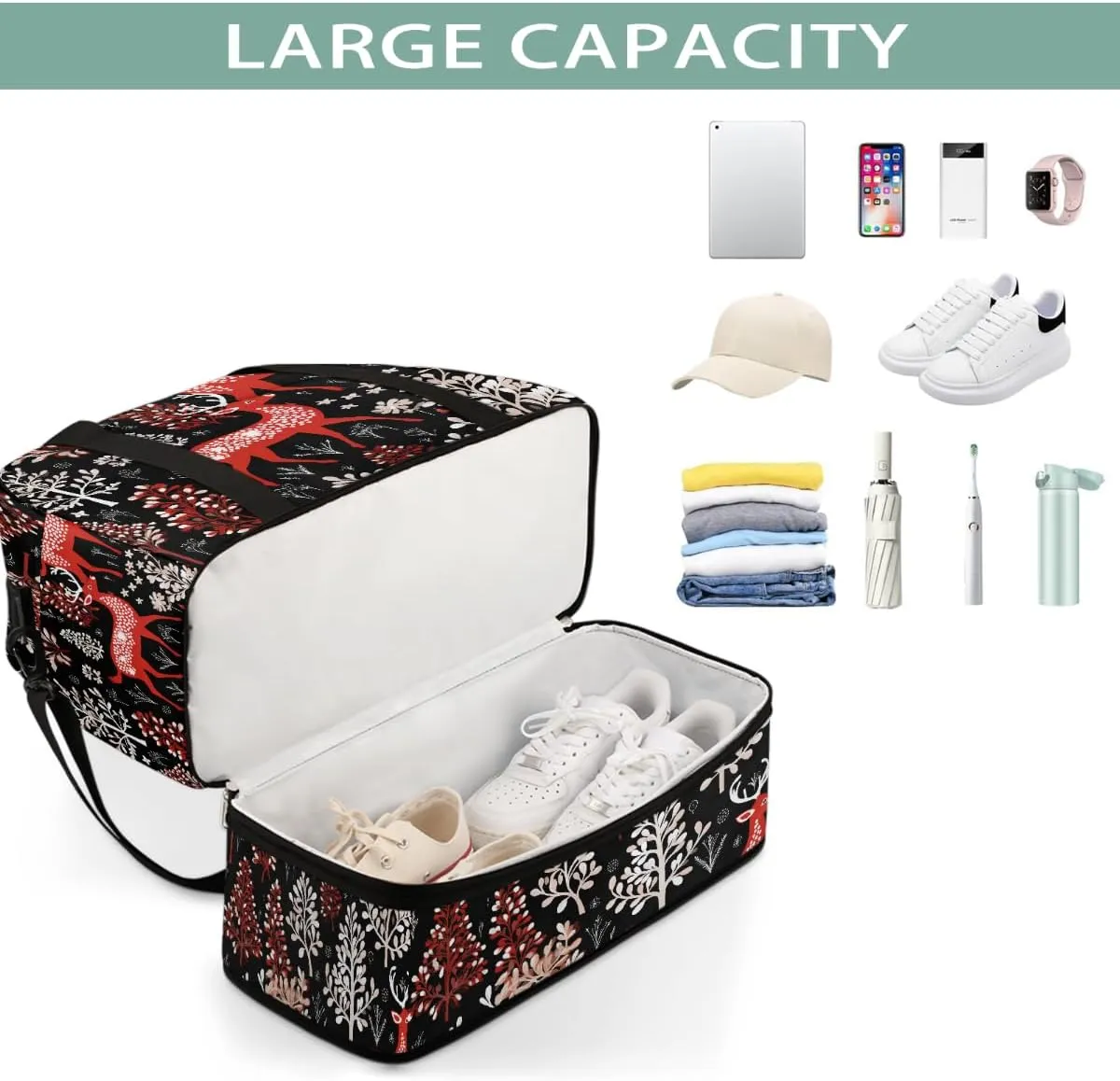 Sports Gym Bag Elk Christmas Tree Large Travel Duffel Bag With Shoe Compartment Foldable Waterproof Carry-On Weekend Travel Bags for Camping Overnight Yoga Hospital Travel Bags