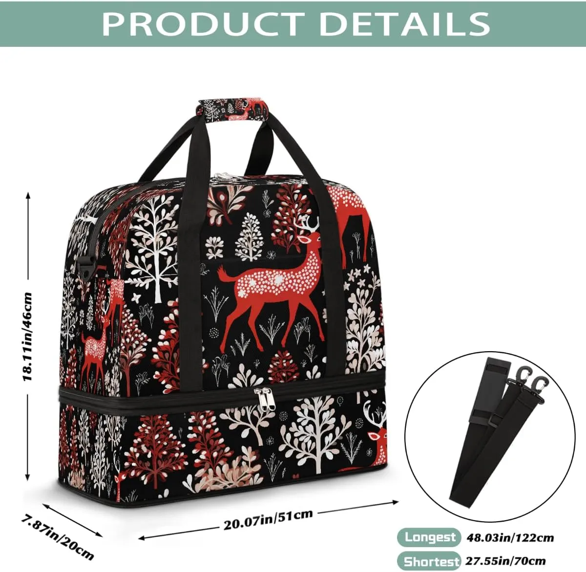 Sports Gym Bag Elk Christmas Tree Large Travel Duffel Bag With Shoe Compartment Foldable Waterproof Carry-On Weekend Travel Bags for Camping Overnight Yoga Hospital Travel Bags