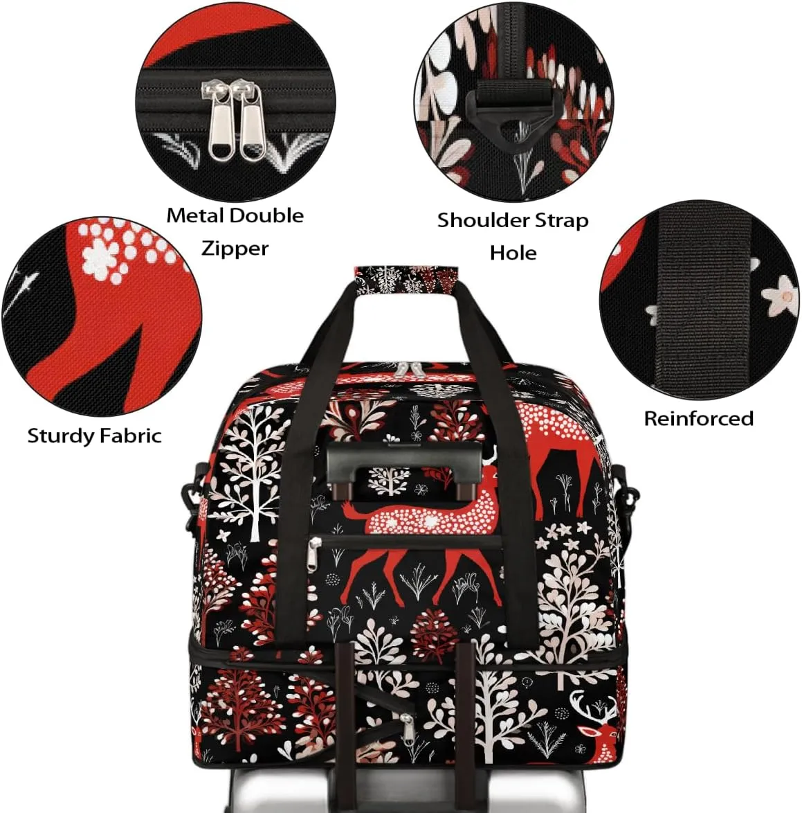Sports Gym Bag Elk Christmas Tree Large Travel Duffel Bag With Shoe Compartment Foldable Waterproof Carry-On Weekend Travel Bags for Camping Overnight Yoga Hospital Travel Bags
