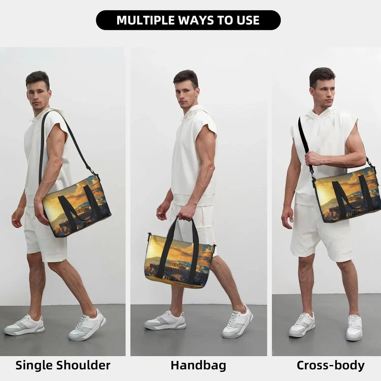 Sports Gym Bag for Women Men Travel Duffel Bag Tote Weekender Bag Carry on Overnight Bag for Travel Swimming Fitness Workout Sports Acropolis Cityscape Skyline Duffle Bag