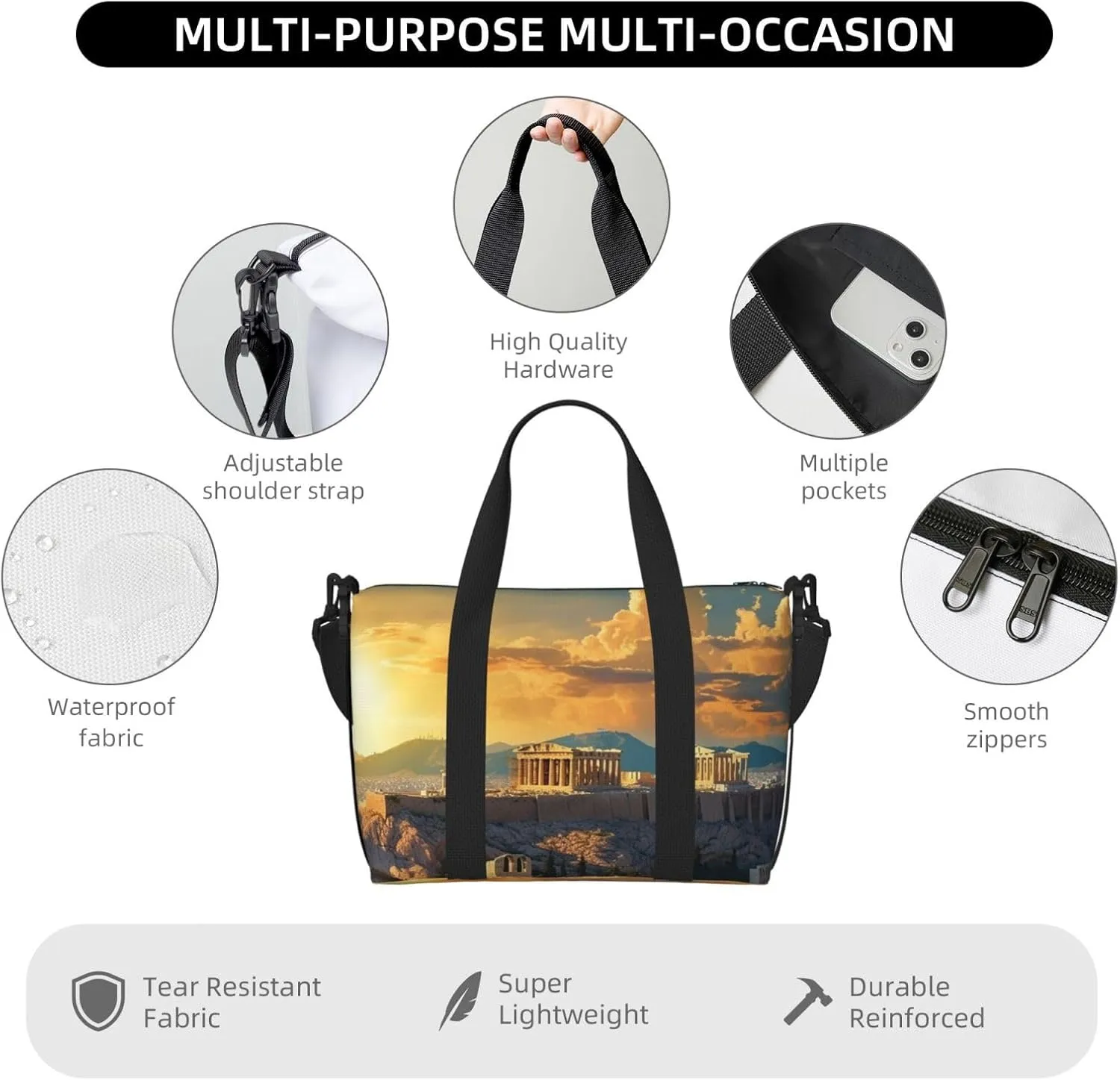 Sports Gym Bag for Women Men Travel Duffel Bag Tote Weekender Bag Carry on Overnight Bag for Travel Swimming Fitness Workout Sports Acropolis Cityscape Skyline Duffle Bag