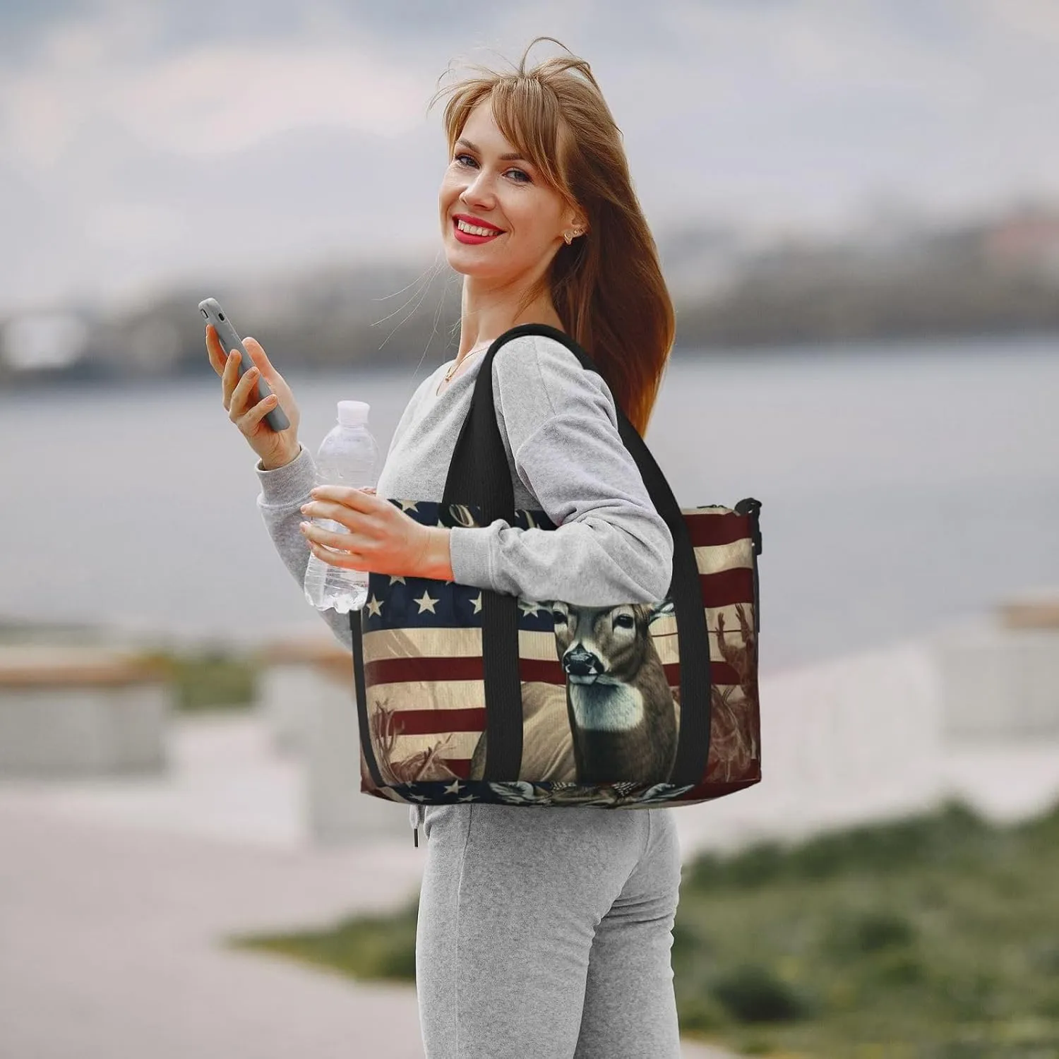 Sports Gym Bag for Women Men Travel Duffel Bag Tote Weekender Bag Carry on Overnight Bag for Travel Swimming Fitness Workout Sports Americana Flag Deer Duffle Bag