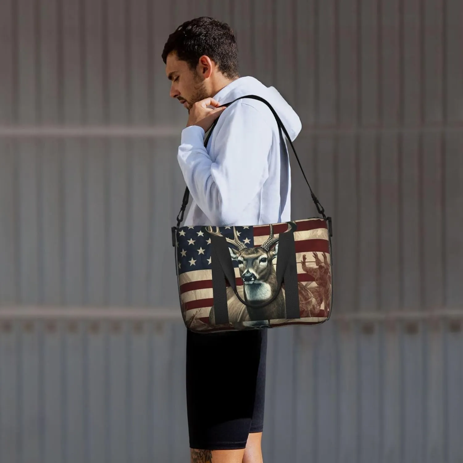 Sports Gym Bag for Women Men Travel Duffel Bag Tote Weekender Bag Carry on Overnight Bag for Travel Swimming Fitness Workout Sports Americana Flag Deer Duffle Bag