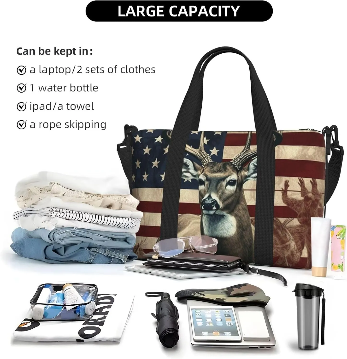 Sports Gym Bag for Women Men Travel Duffel Bag Tote Weekender Bag Carry on Overnight Bag for Travel Swimming Fitness Workout Sports Americana Flag Deer Duffle Bag