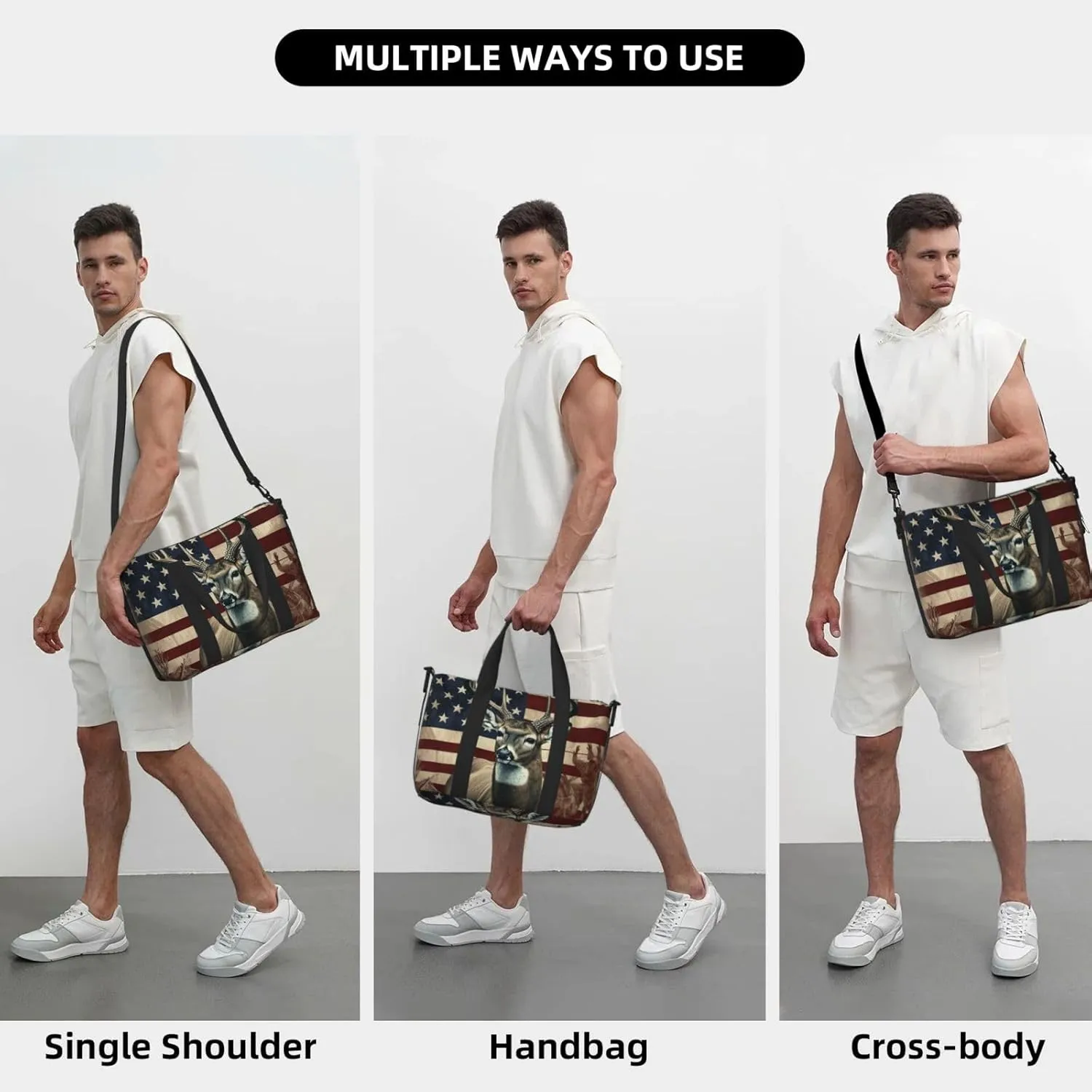 Sports Gym Bag for Women Men Travel Duffel Bag Tote Weekender Bag Carry on Overnight Bag for Travel Swimming Fitness Workout Sports Americana Flag Deer Duffle Bag