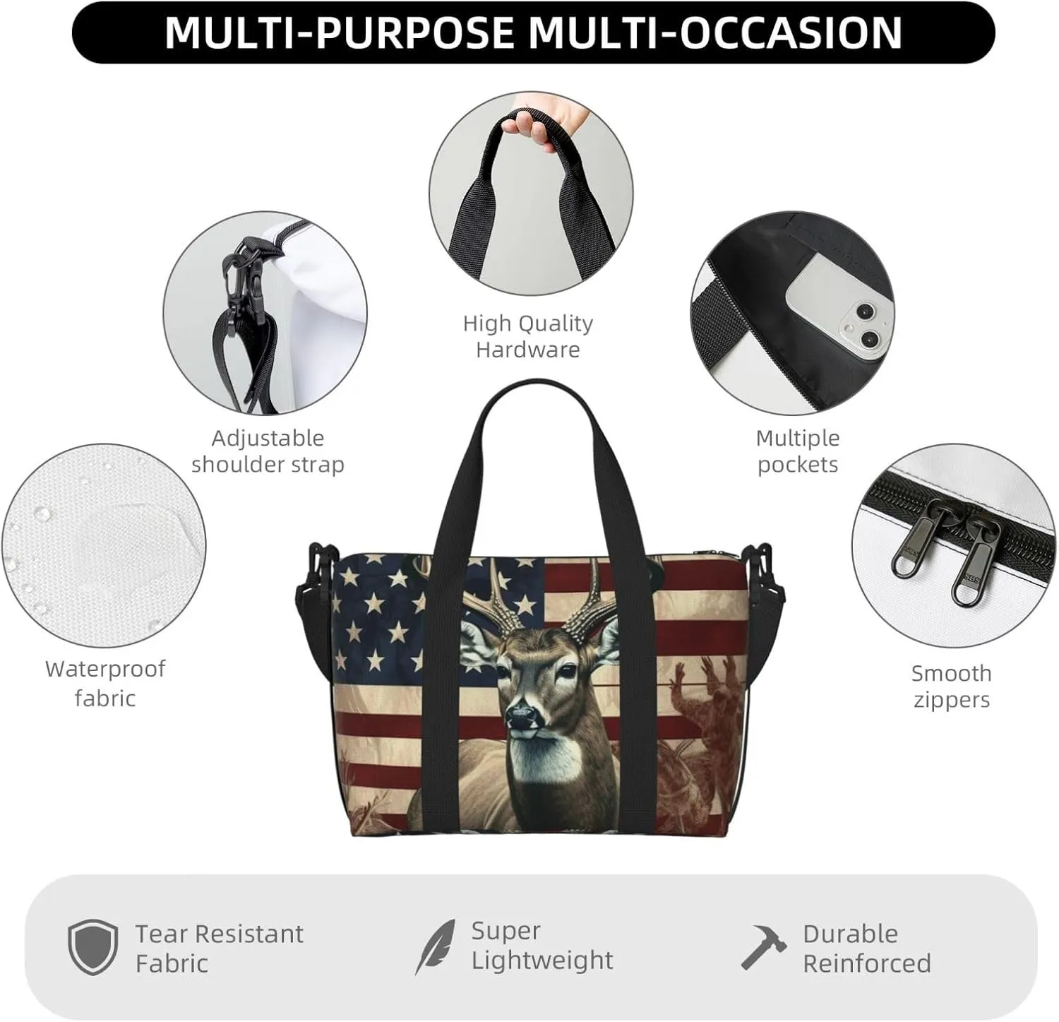 Sports Gym Bag for Women Men Travel Duffel Bag Tote Weekender Bag Carry on Overnight Bag for Travel Swimming Fitness Workout Sports Americana Flag Deer Duffle Bag
