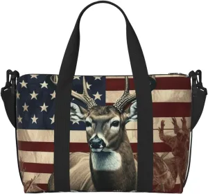 Sports Gym Bag for Women Men Travel Duffel Bag Tote Weekender Bag Carry on Overnight Bag for Travel Swimming Fitness Workout Sports Americana Flag Deer Duffle Bag