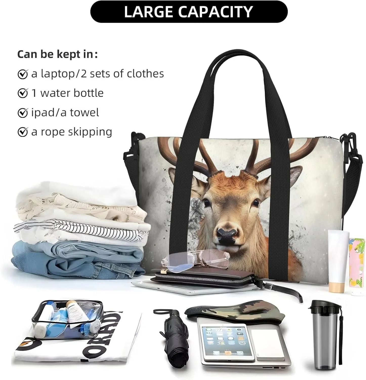 Sports Gym Bag for Women Men Travel Duffel Bag Tote Weekender Bag Carry on Overnight Bag for Travel Swimming Fitness Workout Sports Animal deer Duffle Bag