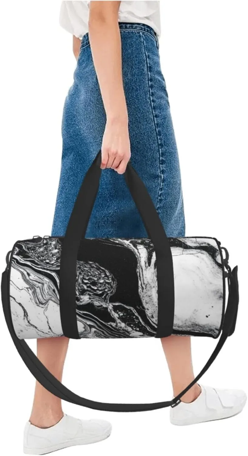 Sports Gym Bag for Women Men Travel Duffel Bag Tote Weekender Bag Carry on Overnight Bag for Travel Swimming Fitness Workout Sports Black and White Marble Duffle Bag