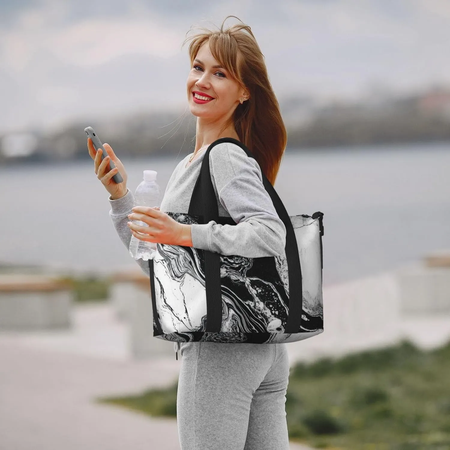 Sports Gym Bag for Women Men Travel Duffel Bag Tote Weekender Bag Carry on Overnight Bag for Travel Swimming Fitness Workout Sports Black and White Marble Duffle Bag