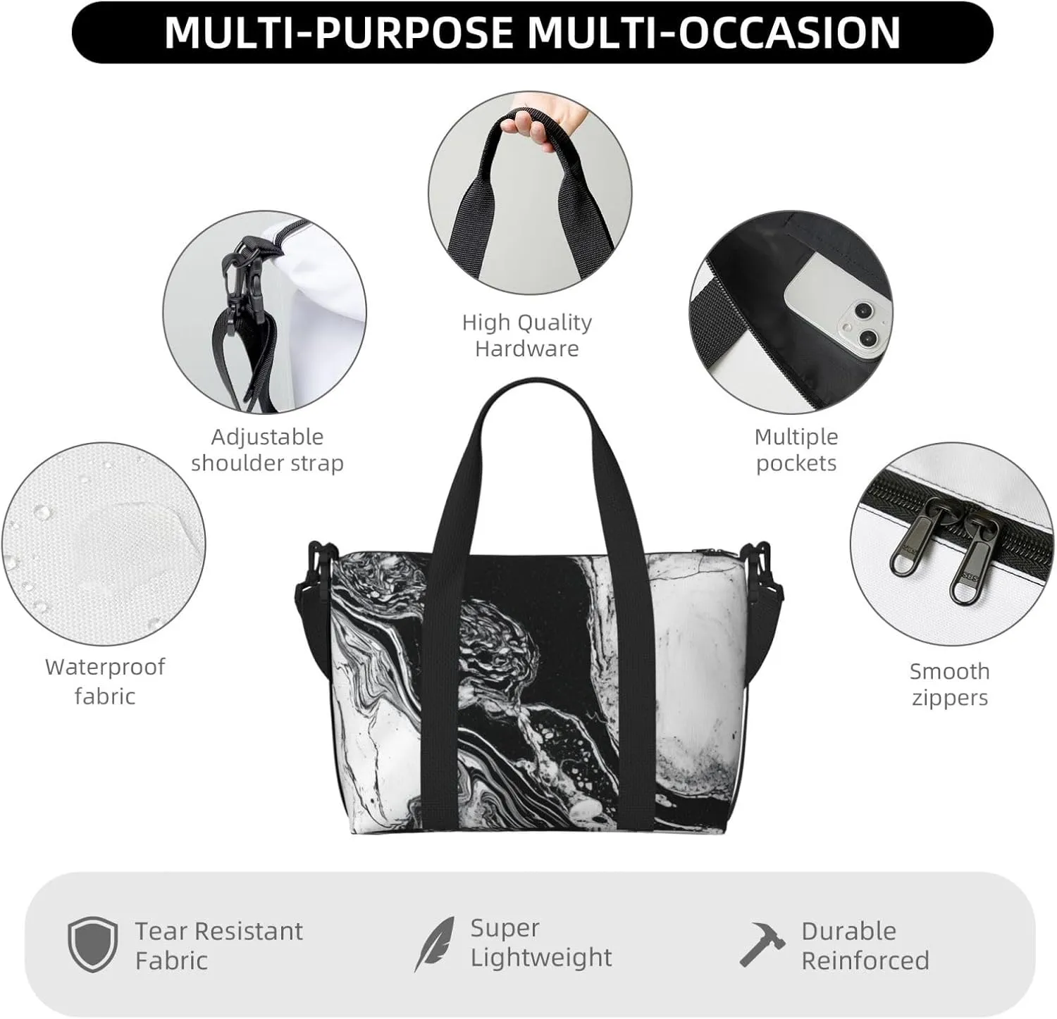 Sports Gym Bag for Women Men Travel Duffel Bag Tote Weekender Bag Carry on Overnight Bag for Travel Swimming Fitness Workout Sports Black and White Marble Duffle Bag