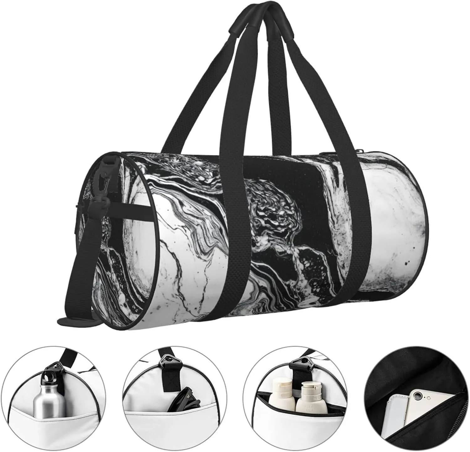 Sports Gym Bag for Women Men Travel Duffel Bag Tote Weekender Bag Carry on Overnight Bag for Travel Swimming Fitness Workout Sports Black and White Marble Duffle Bag