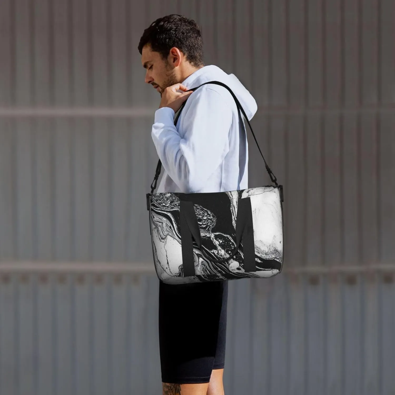Sports Gym Bag for Women Men Travel Duffel Bag Tote Weekender Bag Carry on Overnight Bag for Travel Swimming Fitness Workout Sports Black and White Marble Duffle Bag