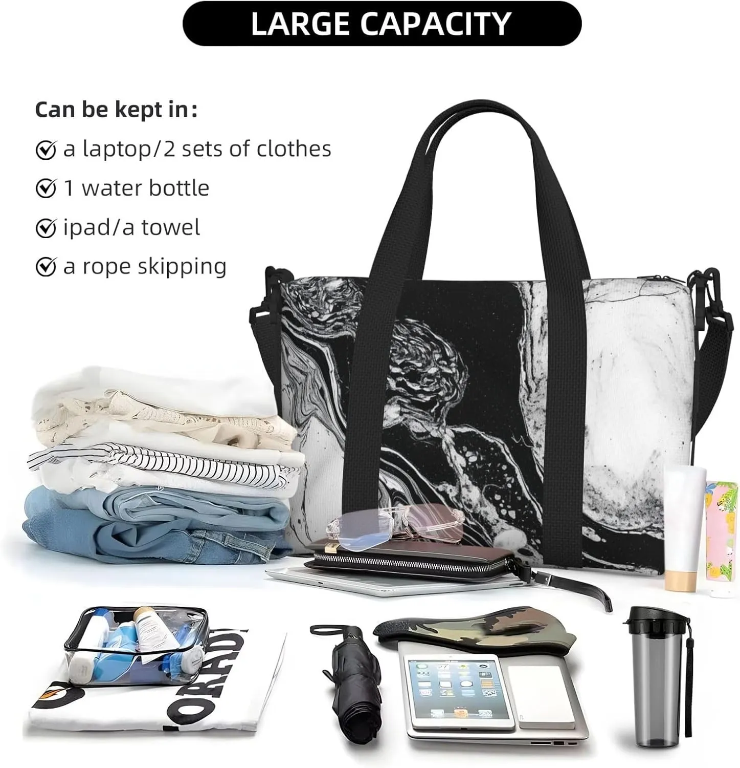 Sports Gym Bag for Women Men Travel Duffel Bag Tote Weekender Bag Carry on Overnight Bag for Travel Swimming Fitness Workout Sports Black and White Marble Duffle Bag