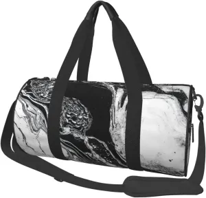 Sports Gym Bag for Women Men Travel Duffel Bag Tote Weekender Bag Carry on Overnight Bag for Travel Swimming Fitness Workout Sports Black and White Marble Duffle Bag