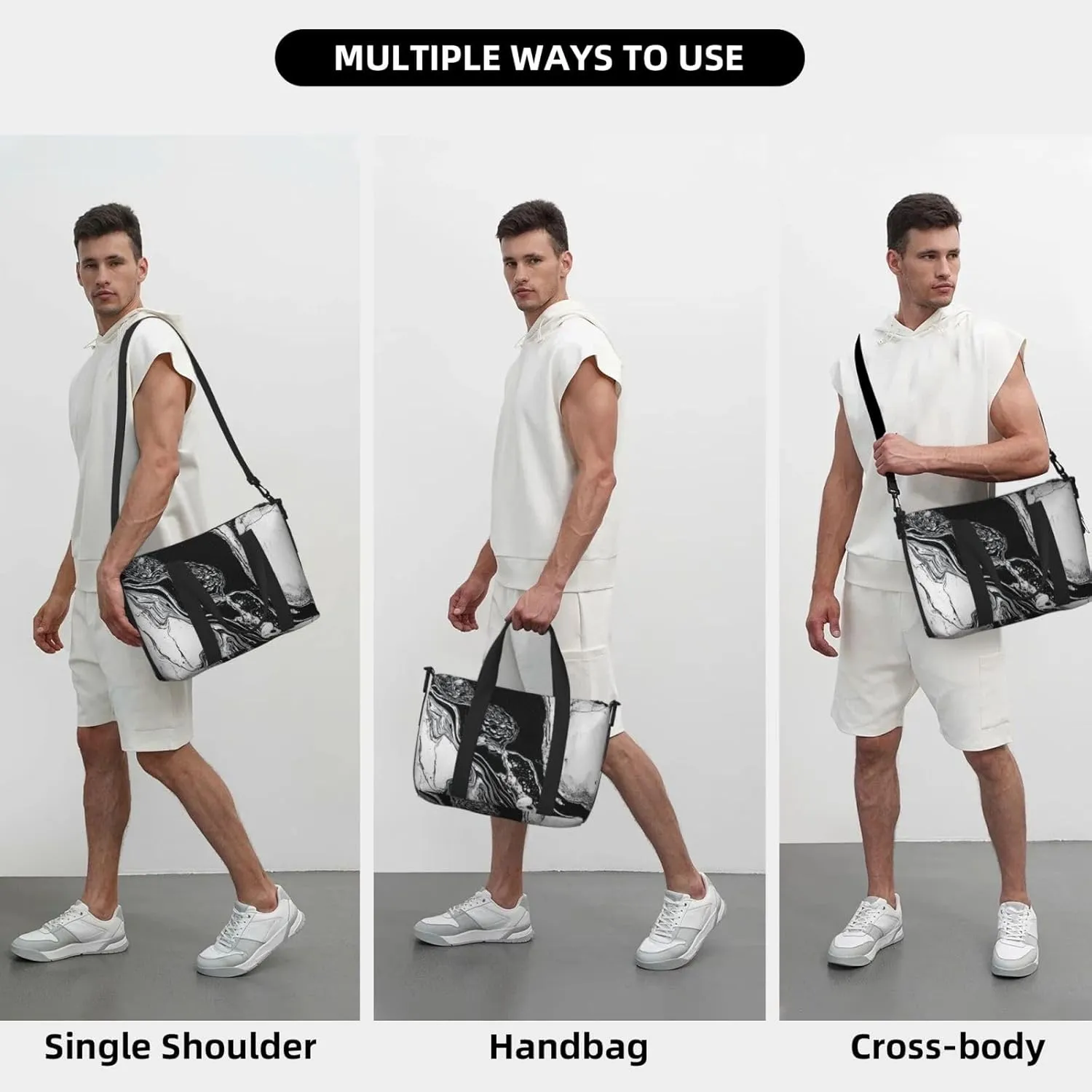 Sports Gym Bag for Women Men Travel Duffel Bag Tote Weekender Bag Carry on Overnight Bag for Travel Swimming Fitness Workout Sports Black and White Marble Duffle Bag