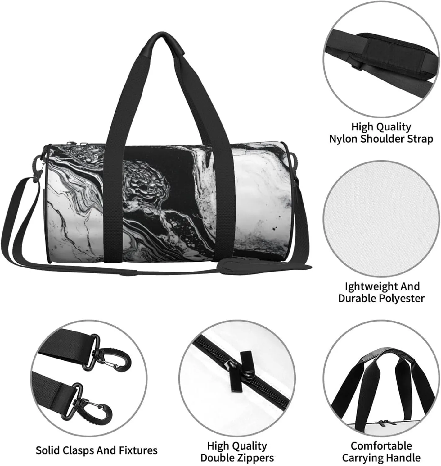 Sports Gym Bag for Women Men Travel Duffel Bag Tote Weekender Bag Carry on Overnight Bag for Travel Swimming Fitness Workout Sports Black and White Marble Duffle Bag