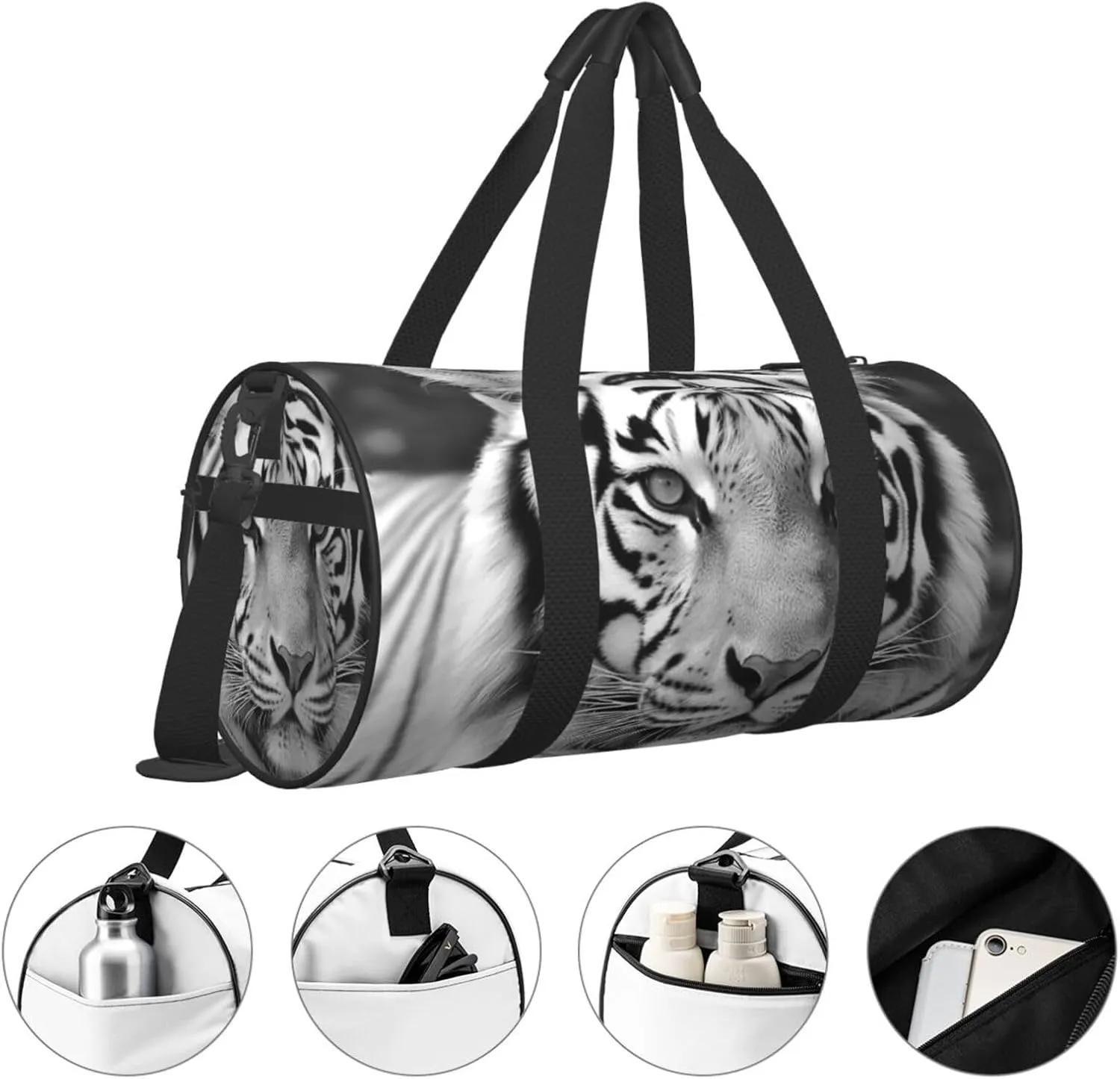 Sports Gym Bag for Women Men Travel Duffel Bag Tote Weekender Bag Carry on Overnight Bag for Travel Swimming Fitness Workout Sports Black White Tiger Duffle Bag