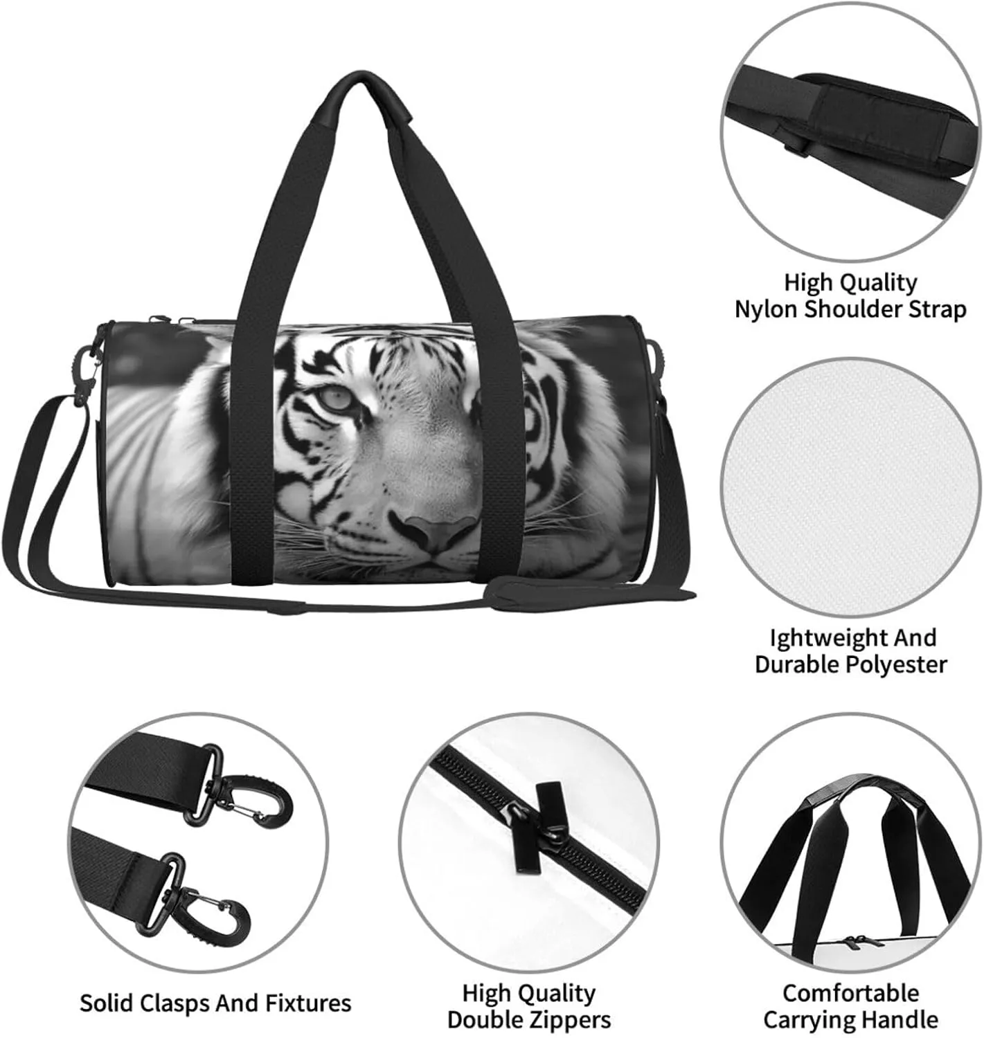 Sports Gym Bag for Women Men Travel Duffel Bag Tote Weekender Bag Carry on Overnight Bag for Travel Swimming Fitness Workout Sports Black White Tiger Duffle Bag