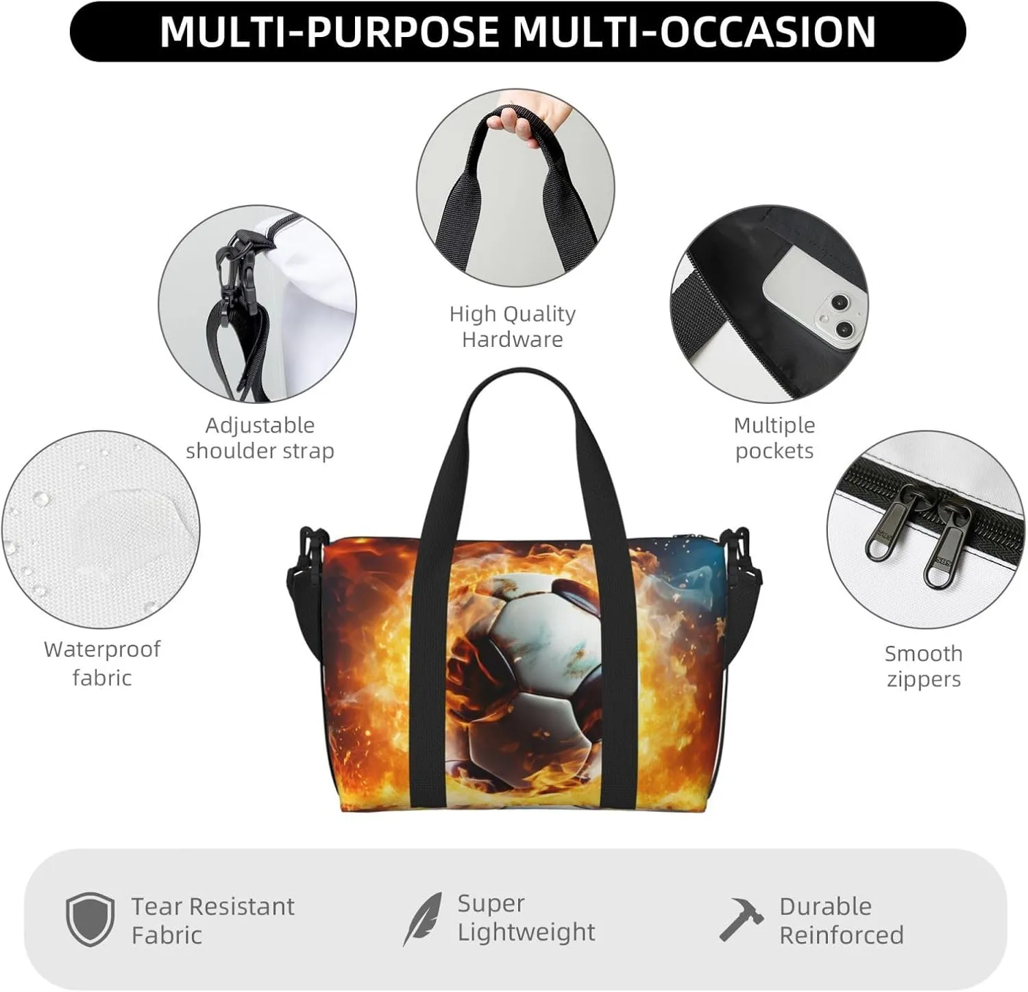 Sports Gym Bag for Women Men Travel Duffel Bag Tote Weekender Bag Carry on Overnight Bag for Travel Swimming Fitness Workout Sports Burning Soccer Ball Duffle Bag