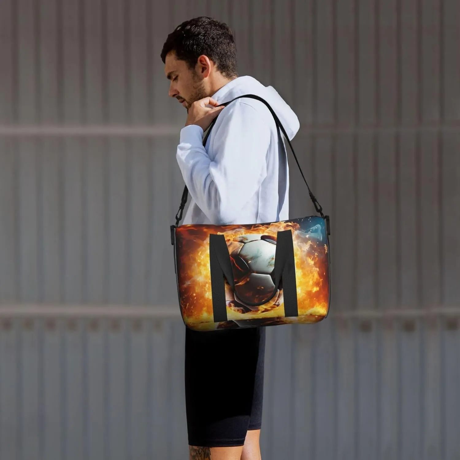 Sports Gym Bag for Women Men Travel Duffel Bag Tote Weekender Bag Carry on Overnight Bag for Travel Swimming Fitness Workout Sports Burning Soccer Ball Duffle Bag