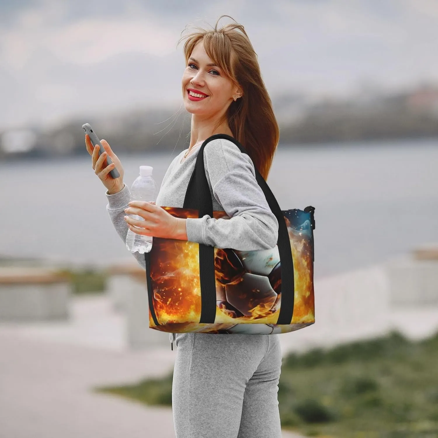 Sports Gym Bag for Women Men Travel Duffel Bag Tote Weekender Bag Carry on Overnight Bag for Travel Swimming Fitness Workout Sports Burning Soccer Ball Duffle Bag