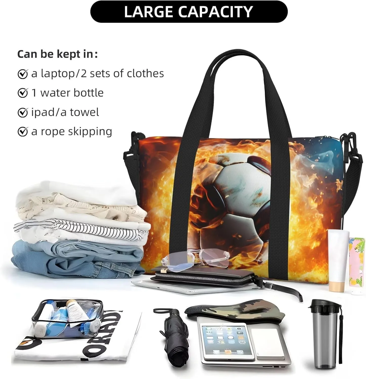 Sports Gym Bag for Women Men Travel Duffel Bag Tote Weekender Bag Carry on Overnight Bag for Travel Swimming Fitness Workout Sports Burning Soccer Ball Duffle Bag