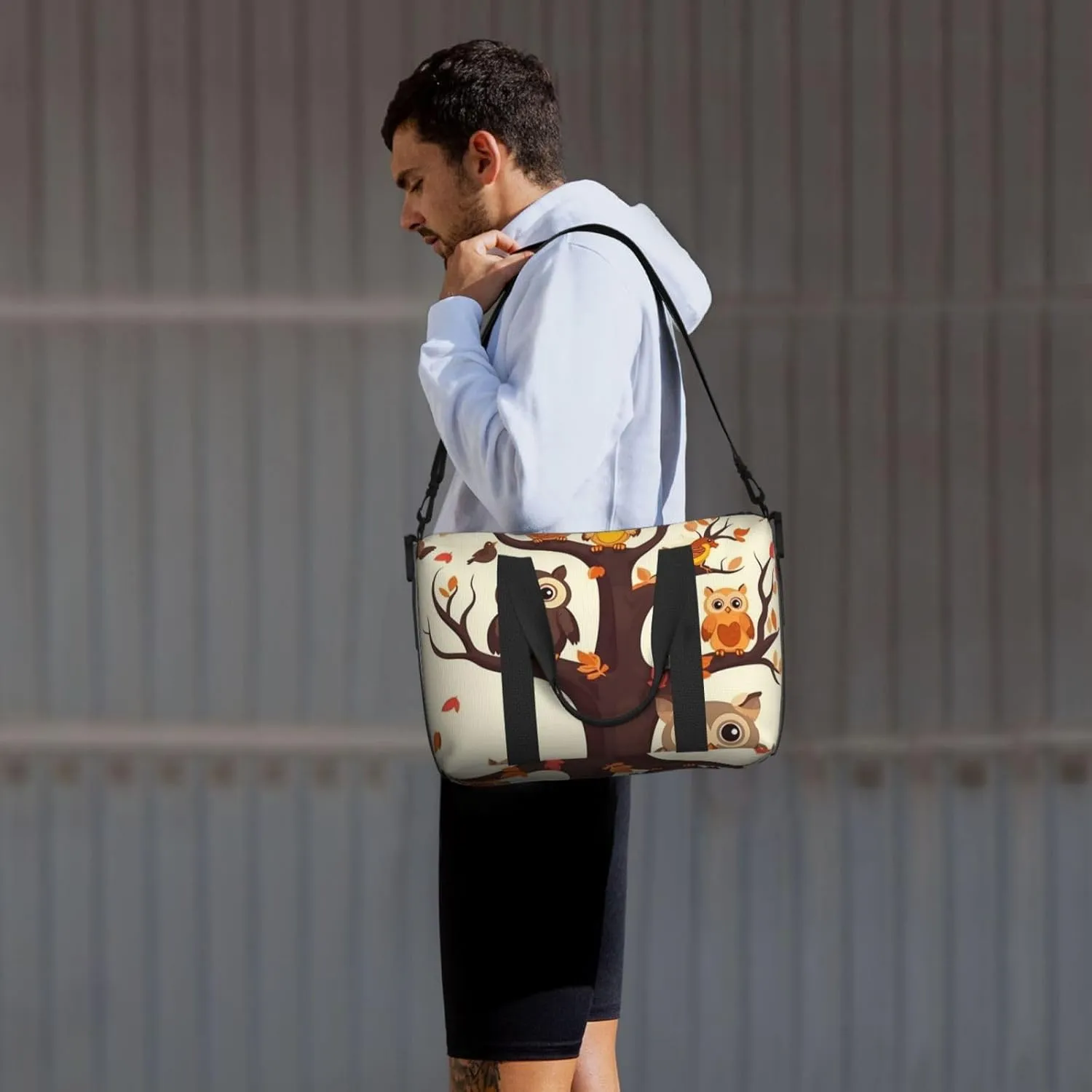Sports Gym Bag for Women Men Travel Duffel Bag Tote Weekender Bag Carry on Overnight Bag for Travel Swimming Fitness Workout Sports Cartoon Family Owls On The Brown Tree Duffle Bag