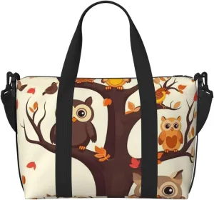 Sports Gym Bag for Women Men Travel Duffel Bag Tote Weekender Bag Carry on Overnight Bag for Travel Swimming Fitness Workout Sports Cartoon Family Owls On The Brown Tree Duffle Bag
