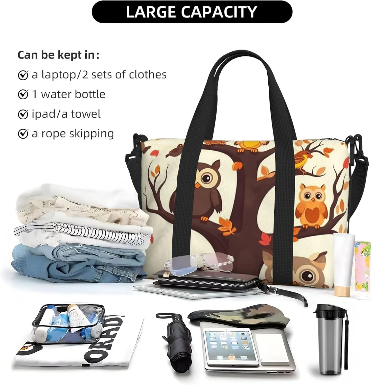 Sports Gym Bag for Women Men Travel Duffel Bag Tote Weekender Bag Carry on Overnight Bag for Travel Swimming Fitness Workout Sports Cartoon Family Owls On The Brown Tree Duffle Bag