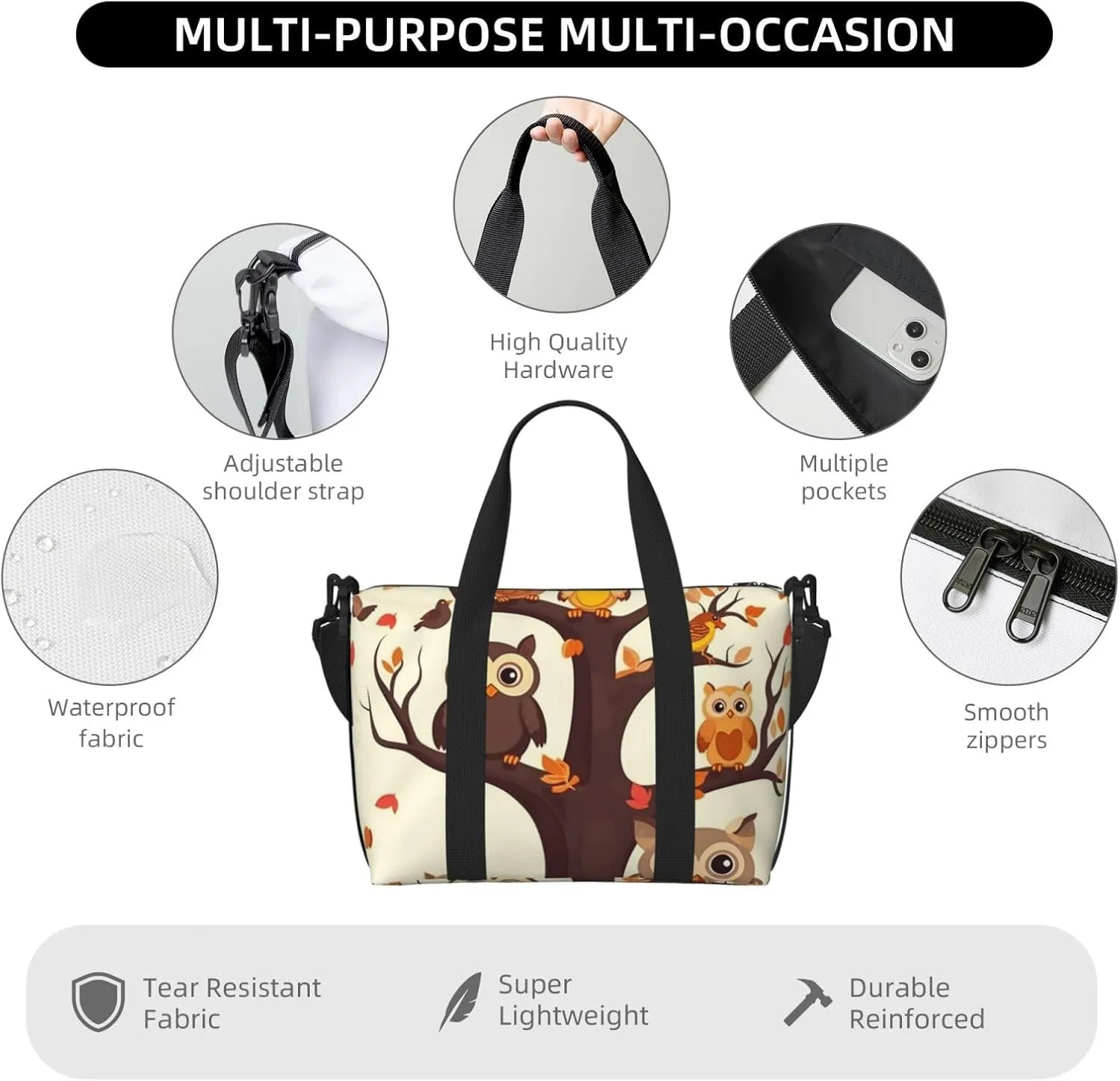 Sports Gym Bag for Women Men Travel Duffel Bag Tote Weekender Bag Carry on Overnight Bag for Travel Swimming Fitness Workout Sports Cartoon Family Owls On The Brown Tree Duffle Bag