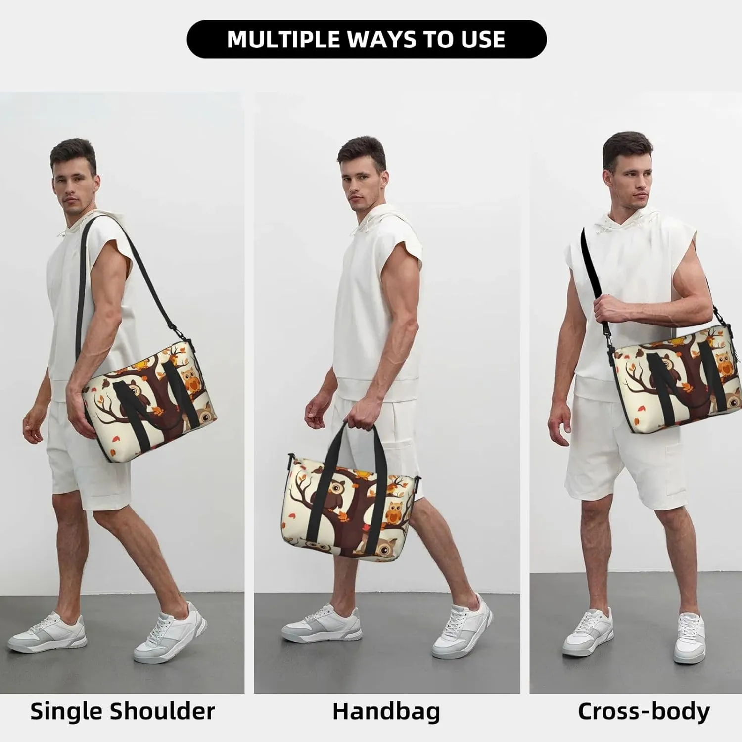 Sports Gym Bag for Women Men Travel Duffel Bag Tote Weekender Bag Carry on Overnight Bag for Travel Swimming Fitness Workout Sports Cartoon Family Owls On The Brown Tree Duffle Bag