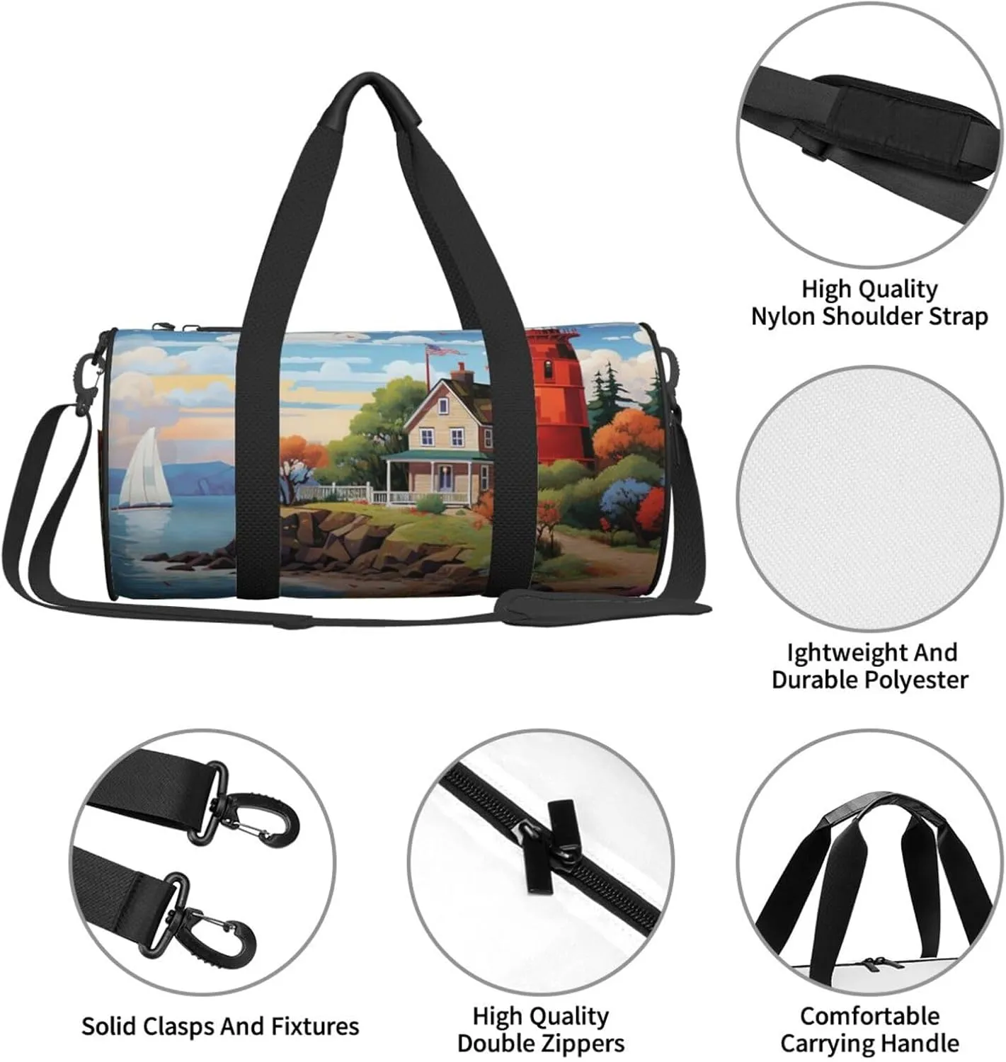 Sports Gym Bag for Women Men Travel Duffel Bag Tote Weekender Bag Carry on Overnight Bag for Travel Swimming Fitness Workout Sports Coastal Lighthouse Duffle Bag