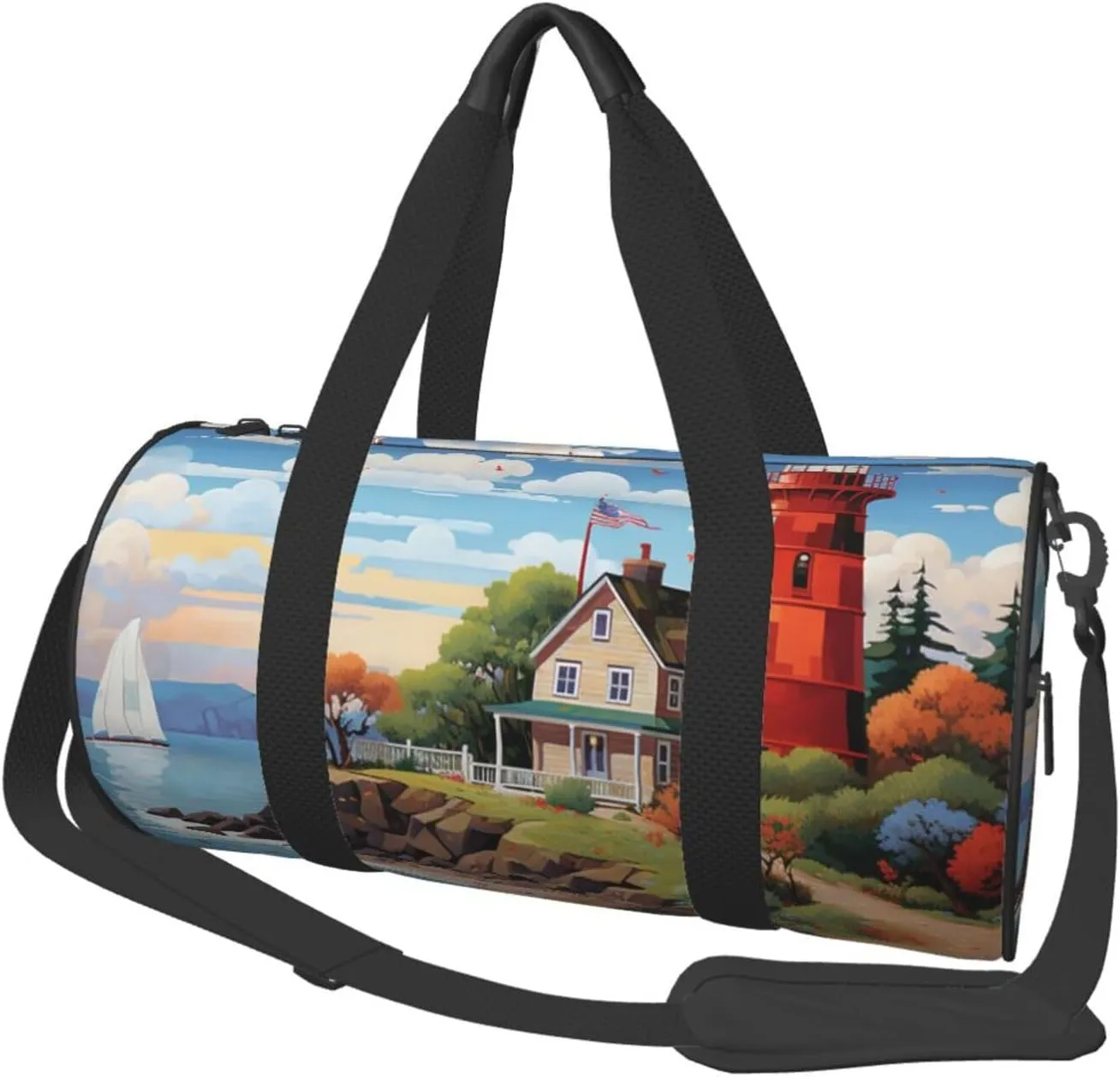 Sports Gym Bag for Women Men Travel Duffel Bag Tote Weekender Bag Carry on Overnight Bag for Travel Swimming Fitness Workout Sports Coastal Lighthouse Duffle Bag