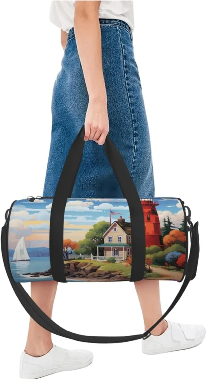 Sports Gym Bag for Women Men Travel Duffel Bag Tote Weekender Bag Carry on Overnight Bag for Travel Swimming Fitness Workout Sports Coastal Lighthouse Duffle Bag