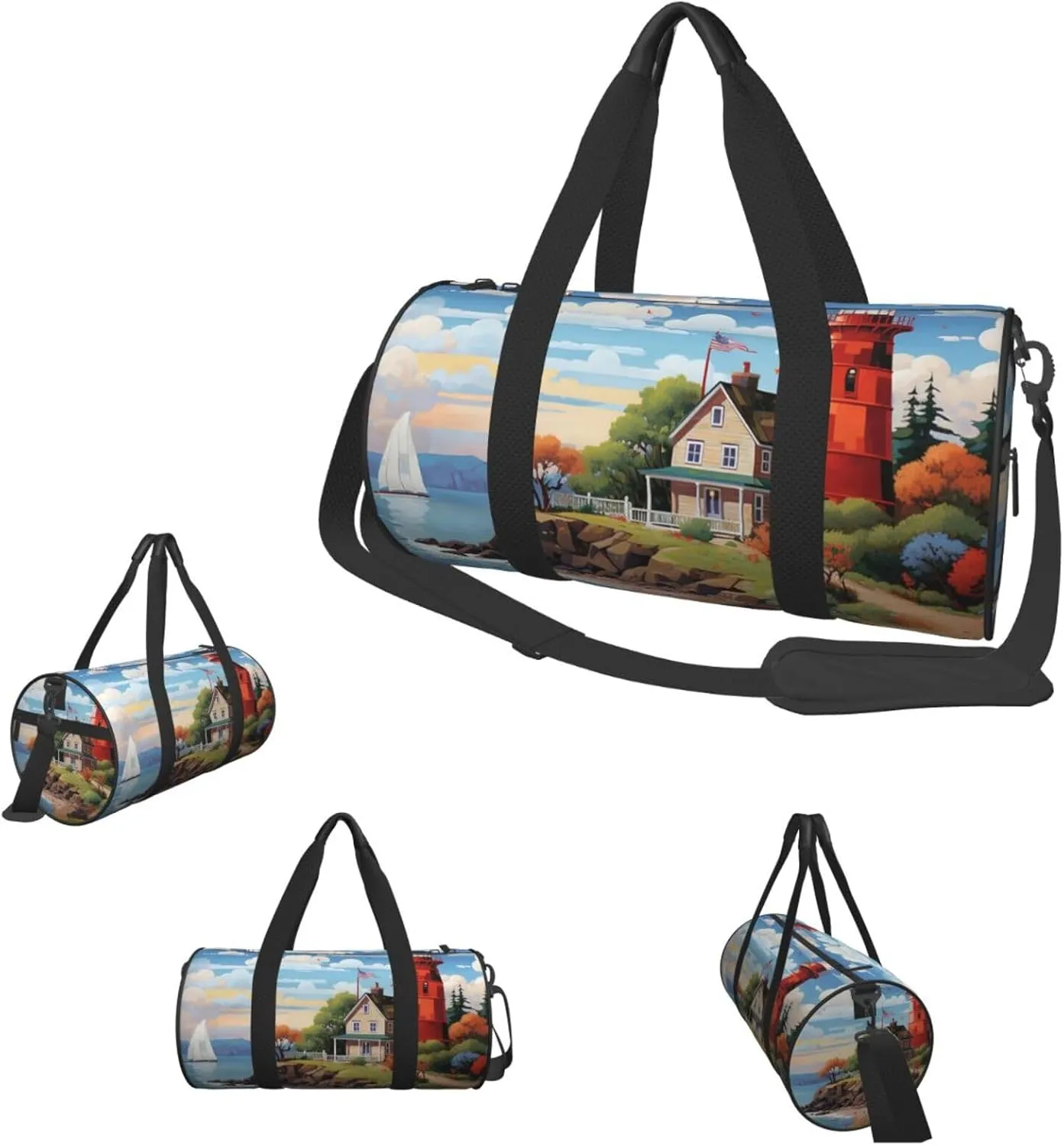 Sports Gym Bag for Women Men Travel Duffel Bag Tote Weekender Bag Carry on Overnight Bag for Travel Swimming Fitness Workout Sports Coastal Lighthouse Duffle Bag