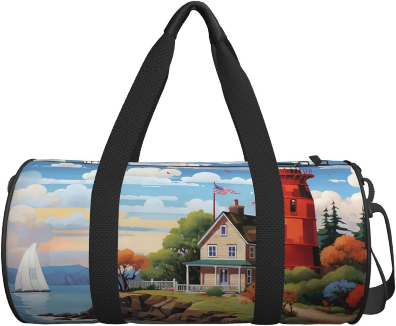 Sports Gym Bag for Women Men Travel Duffel Bag Tote Weekender Bag Carry on Overnight Bag for Travel Swimming Fitness Workout Sports Coastal Lighthouse Duffle Bag