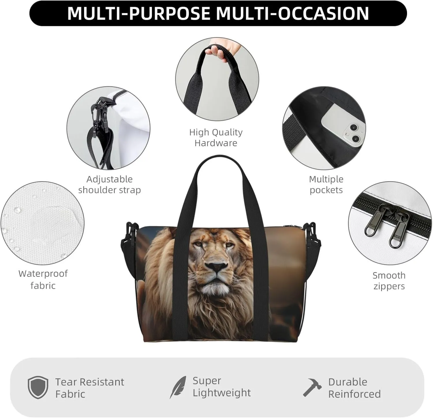 Sports Gym Bag for Women Men Travel Duffel Bag Tote Weekender Bag Carry on Overnight Bag for Travel Swimming Fitness Workout Sports Creative Animals Lion Duffle Bag